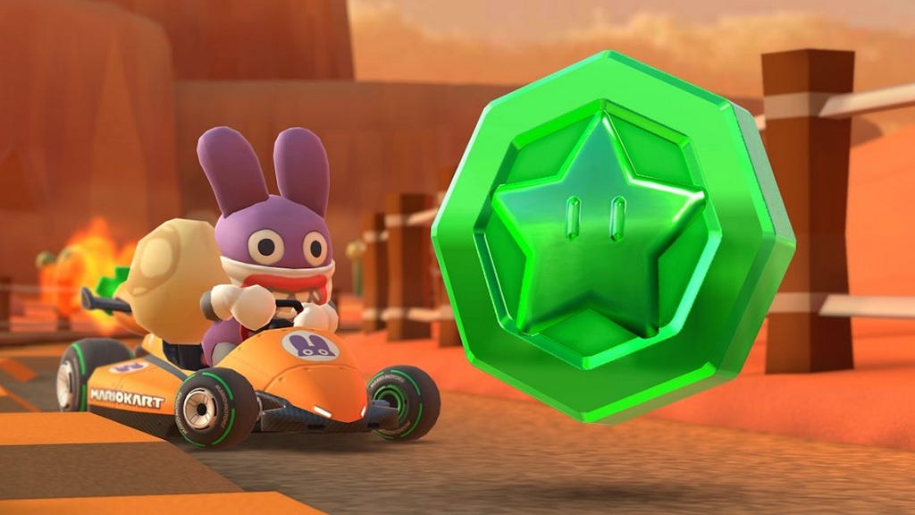 Nabbit driving toward an event token in Mario Kart Tour.