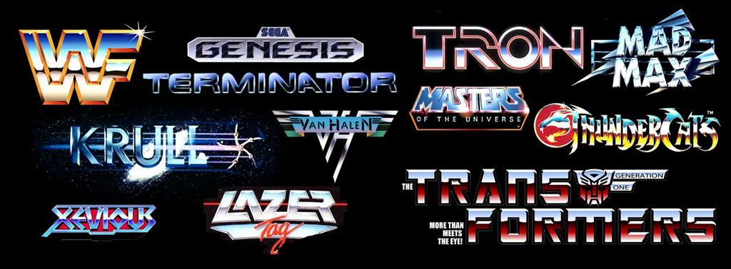 Collage of 80’s chrome logos. Sega genesis, Van Halen, Tron, Masters of the universe