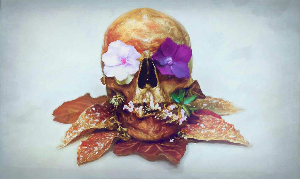 a painting of flowers coming out of a skull