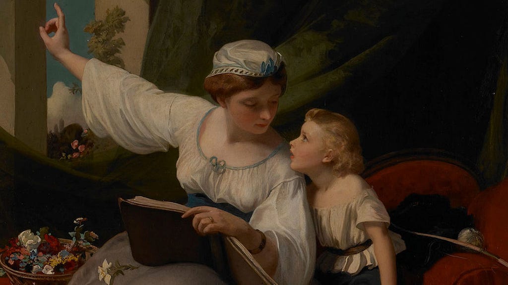 James Sant, The Fairy Tale, 1845. The painting depicts a mother with a book in her hand, telling a story to her child.