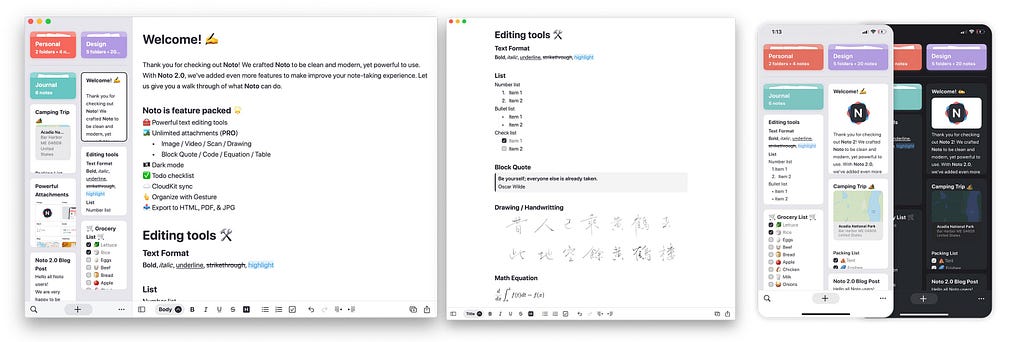 Three screenshots of Noto interfaces. Includes computer and mobile.