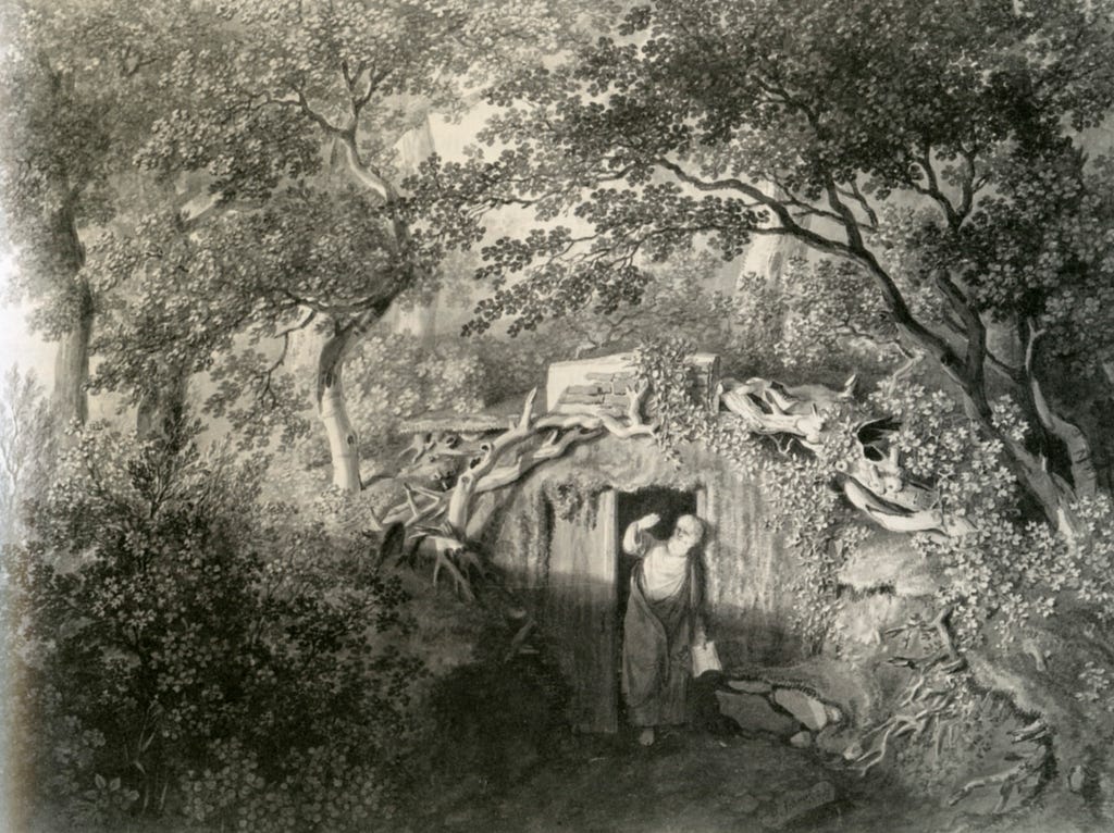 A drawing of an old man emerging from a dwelling shrouded in forest and overgrowth.