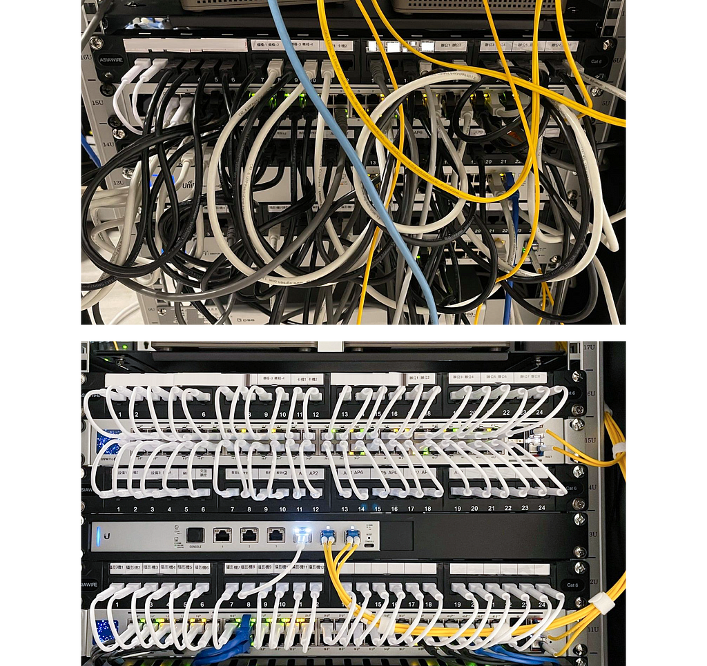 透過 Ubiquiti 的Patch Cable，可以讓 IT 人員的理線更便利，打造更整潔好管理的機房。圖片來源：Ubiquiti UniFi Official Taiwan User Group 官方社團，Kevin Wang 授權分享