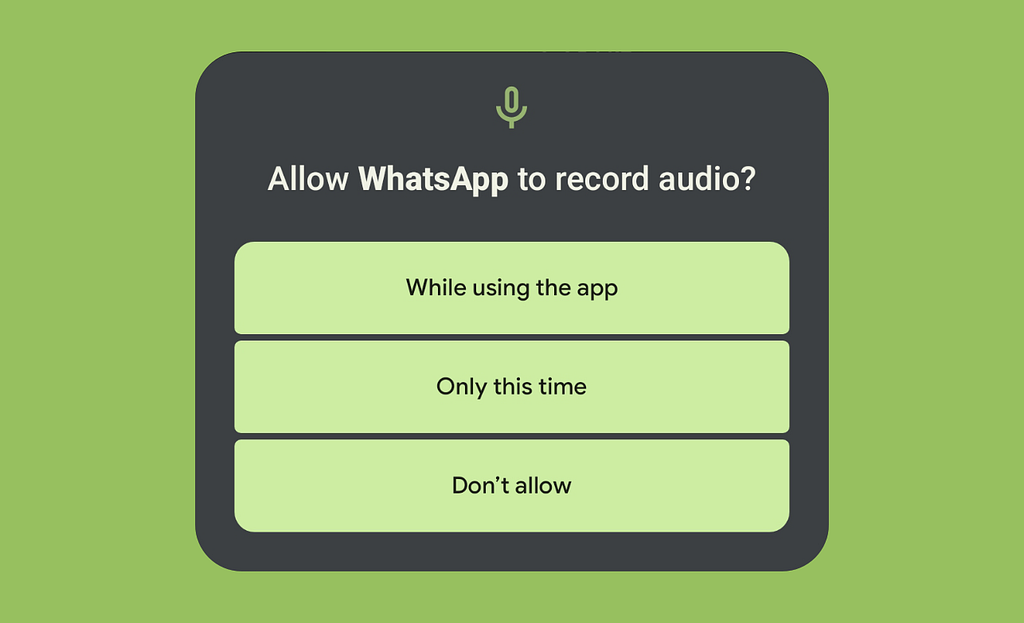 WhatsApp’s permision dialog on Android 14. Whatsapp is asking the user for permission to record audio, the user has 3 large green buttons where they can allow it while they use the app, allow it this one time or deny it.