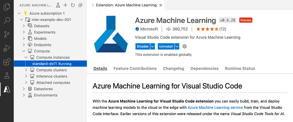 The Extension download page for Azure Machine Learning within VIM