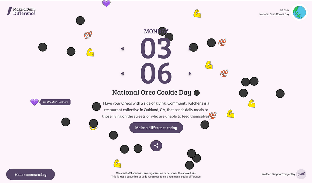 the website’s page for National Oreo Cookie Day, showing many different emojis floating around the main content