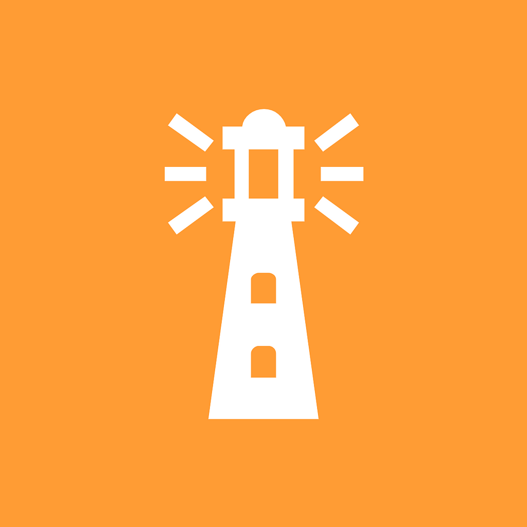 A white lighthouse against an orange background.