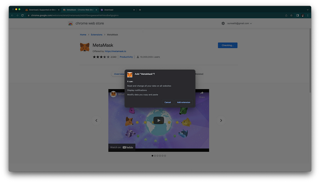 Pop-up window to confirm the download of the MetaMask Chrome extension