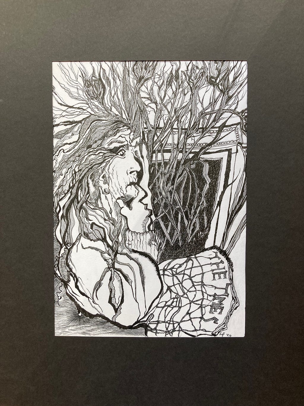 An ink drawing of an old woman staring out of a window, although we don’t see the window. Her hand holds her chin in a contemplative manner. The image is highly stylized with foliage coming out of the fireplace next to her — somewhat indistinguishable, or at least conjoined with her wild hair and parts of her body.