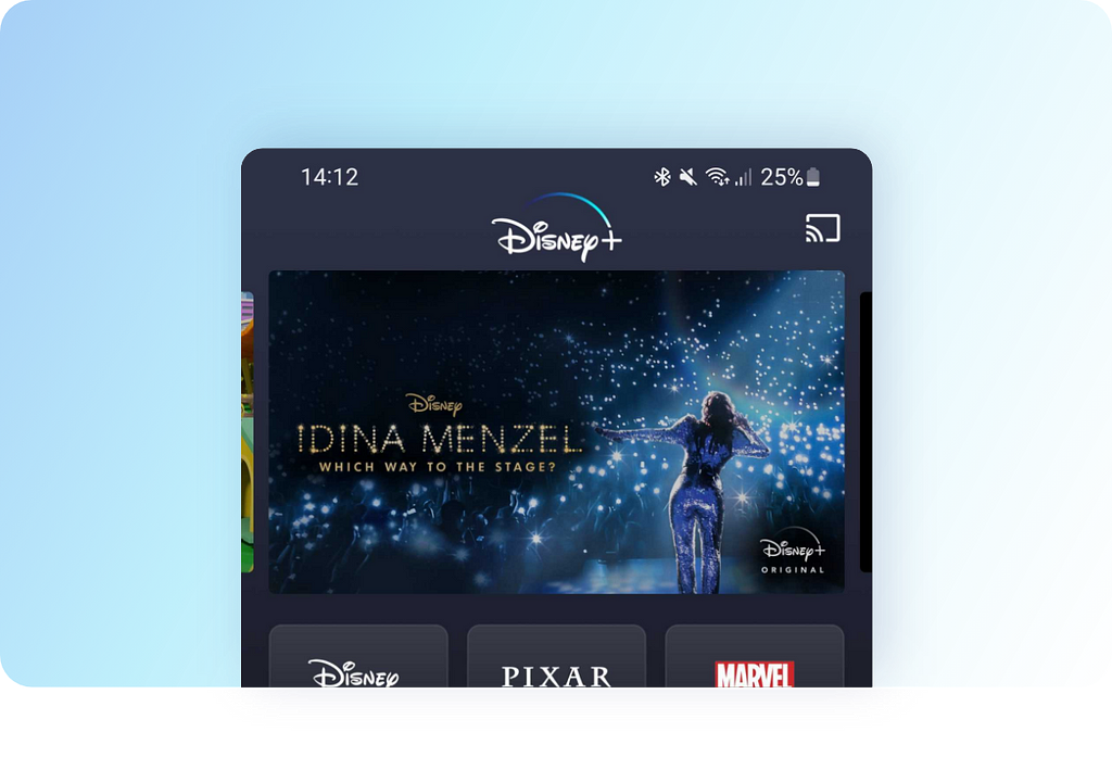 A part of a mockup of the current Disney+ homepage on a light background