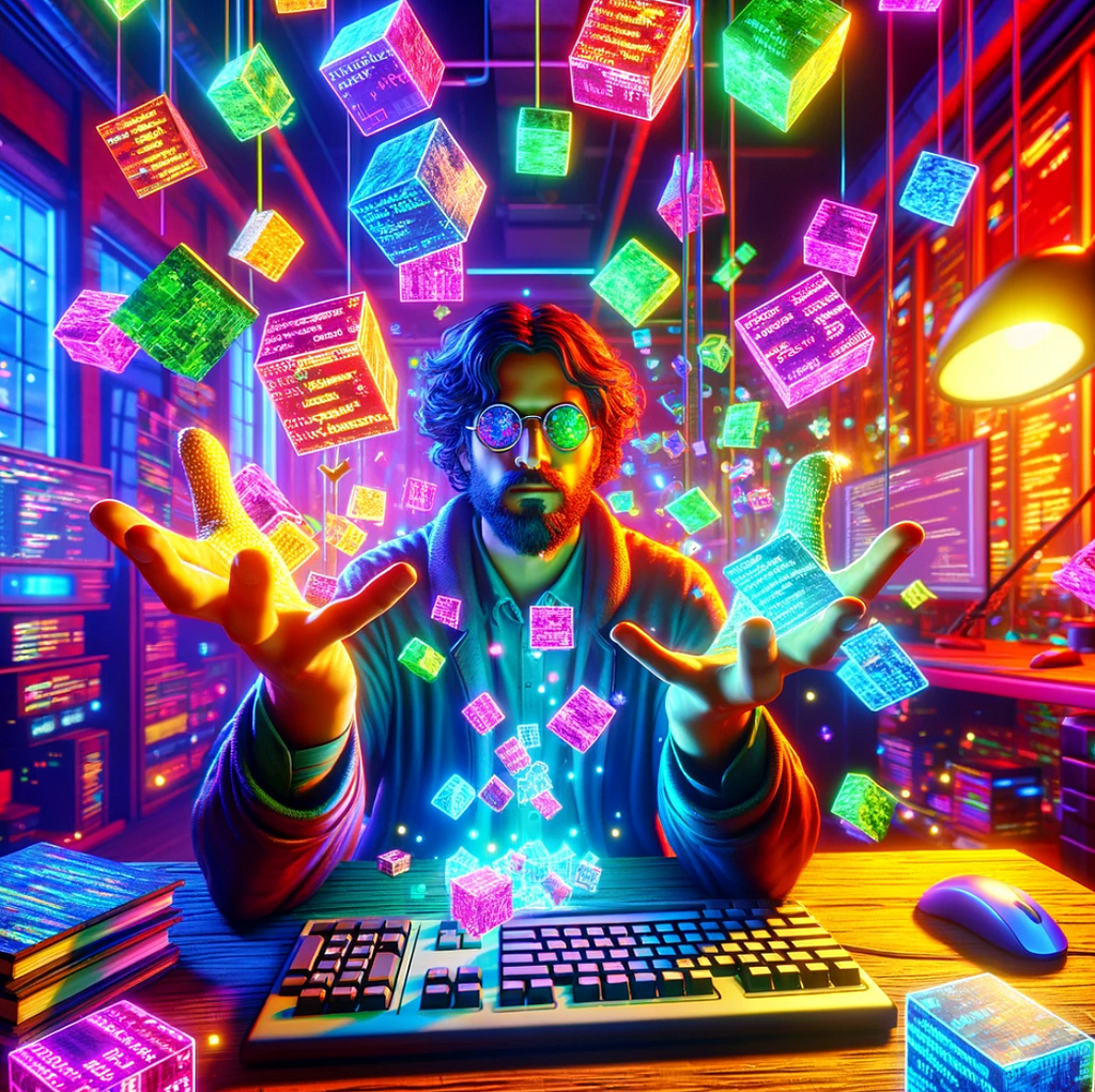 An sci-fi image of a programmer juggling cubes with code written on them.