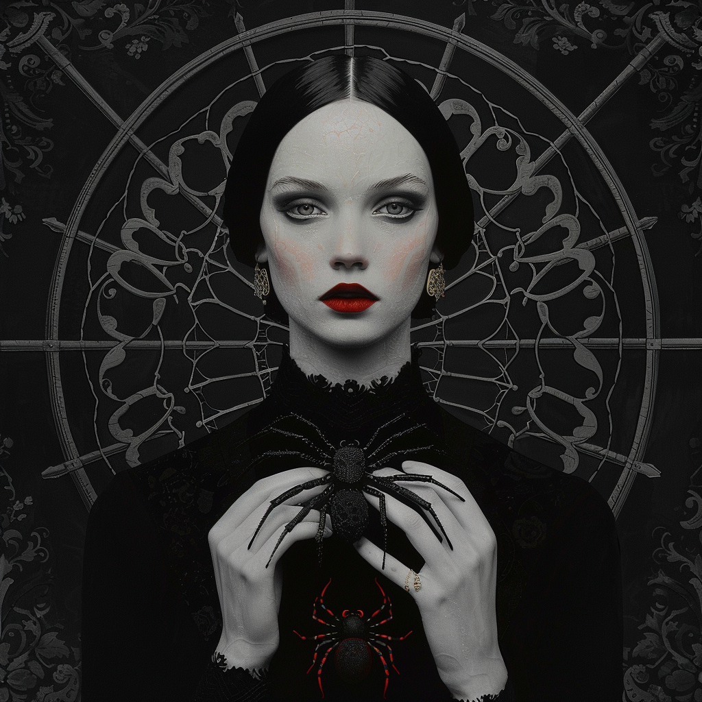 Gothic art, a lady holding a spider