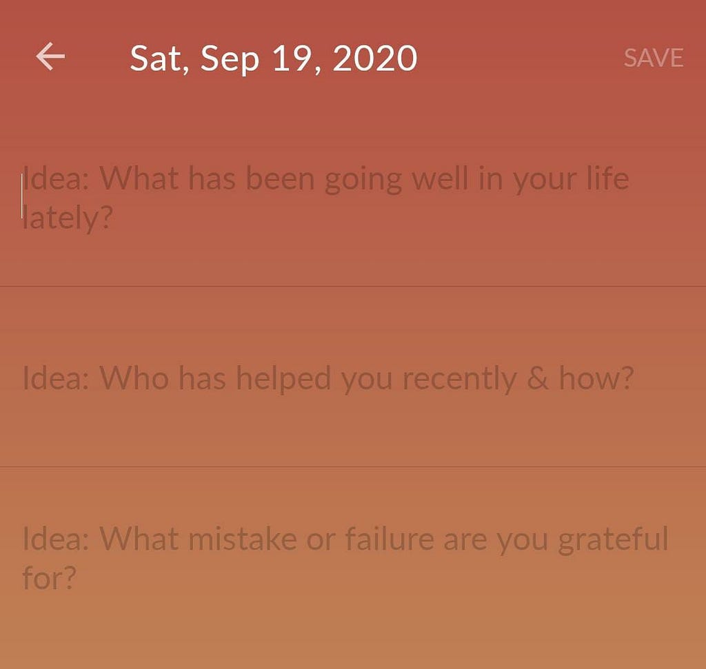 Screenshot of a gratitude journal