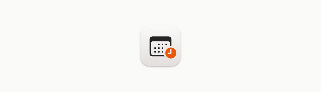 An icon of a calendar with an orange clock at the bottom in a rounded rectangle.