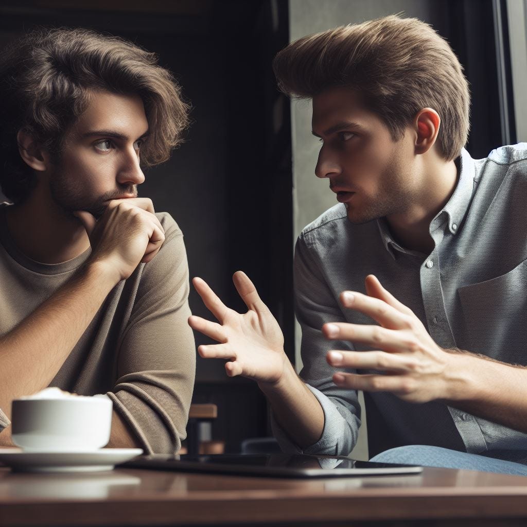Two guys having a deep conversation in a coffee shop.
