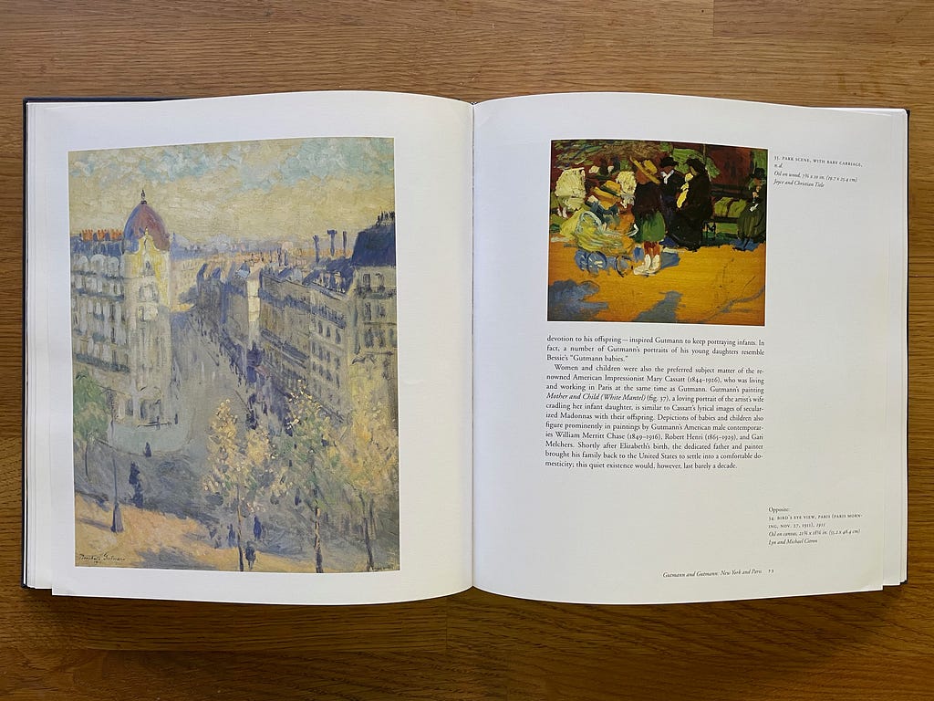Page spread from “Bernhard Gutmann: American Impressionist”, showing fullppage painting on left, and smaller painting above text + caption on right.