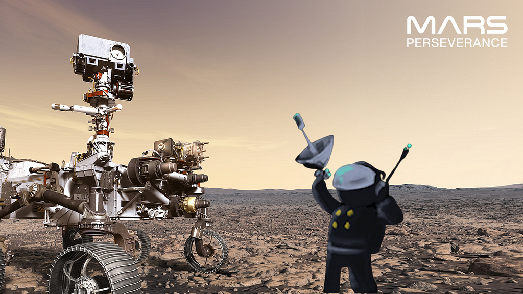 A cartoon astronaut holding a communication device up to NASA’s Perseverance Mars Rover on the surface of mars.
