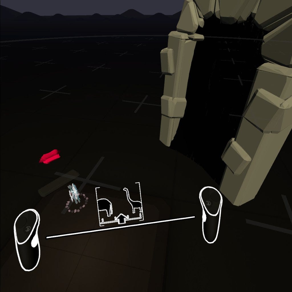 Virtual reality controllers are held apart, selecting the scale of the depicted scene. A campfire, pair of lips, and large stone arch have been shrunk down.