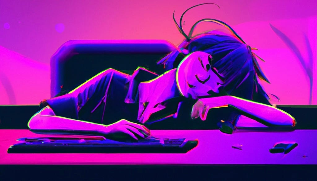 A woman sits slumped at an office desk, fast asleep