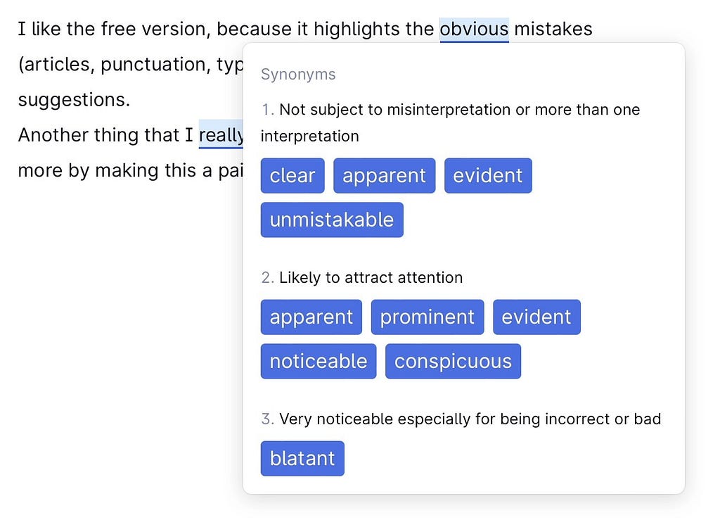 Screenshot: Grammarly offers a range of synonyms, briefly describing their meaning