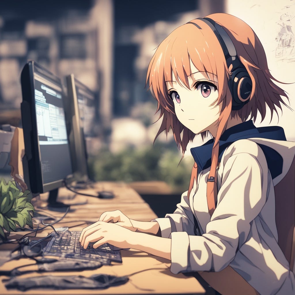 An Anime character coding in his desktop