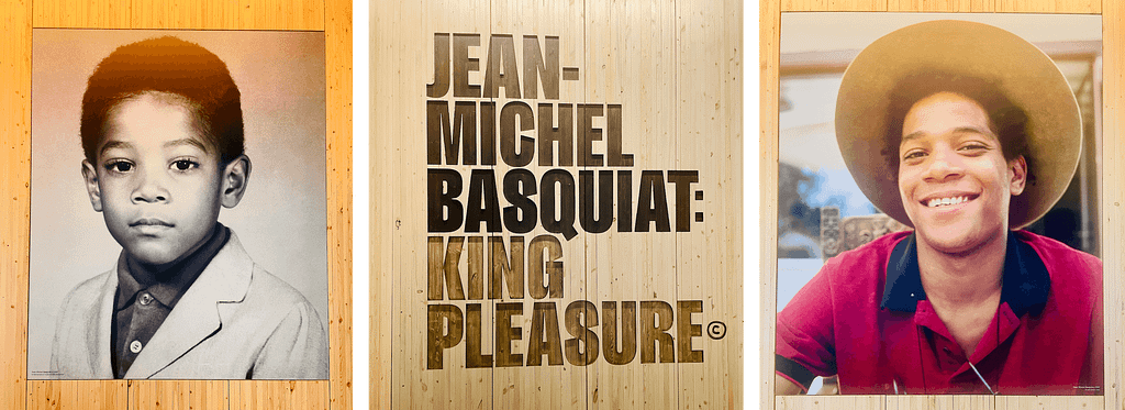 A trio of images: Jean-Michel Basquiat as a child in 1965, Wood carving of King Pleasure © Exhibit in NYC, Jean-Michel Basquiat at 18 in 1983.