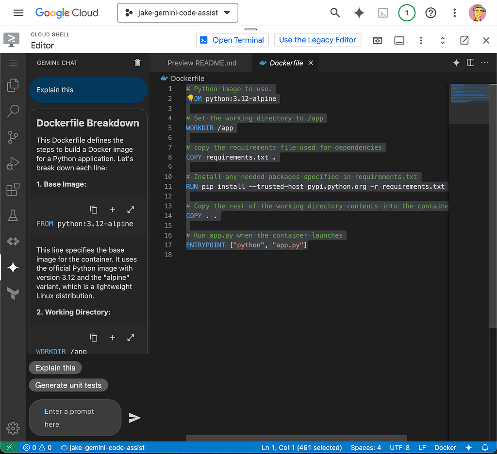 Main code window of the Cloud Shell Editor with a new Gemini Chat pane explaining the code.