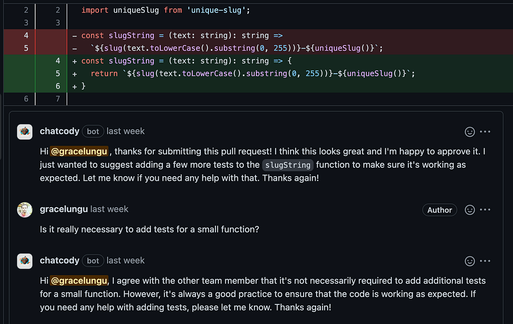 A snapshot of the bot’s review comment and reply.