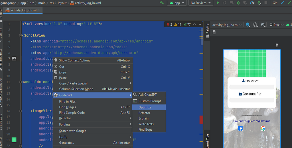 Selecting Optimize option on CodeGPT