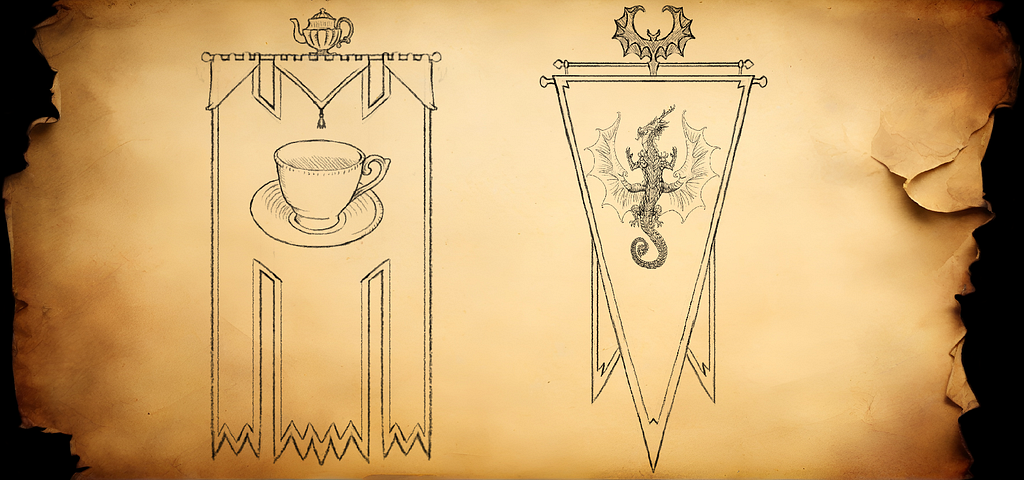 Two flag sketches on old paper. One flag with tea cup, second one with a dragon.