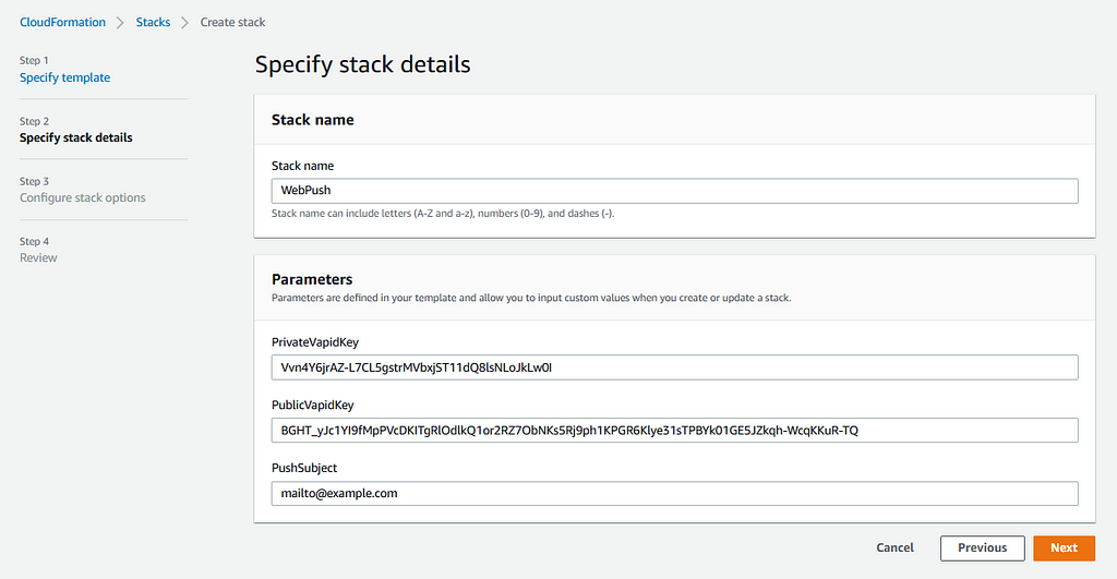 Web push Cloudformation stack with VAPID parameters