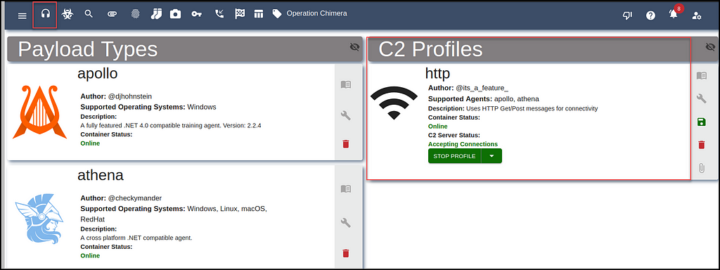 Figure 22 — shows the HTTP profile is active. r3d-buck3t, azure, vm, mythic C2