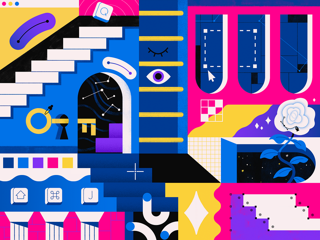 Bright pink, purple, blue, and yellow (with black accents) comprise this digital illustration of what looks like a browser window comprised of compartmentalized barriers… a set of stairs that lead, a lock with a key without a door, upside-down archways, a ladder leading to a ceiling a rose with thorns.