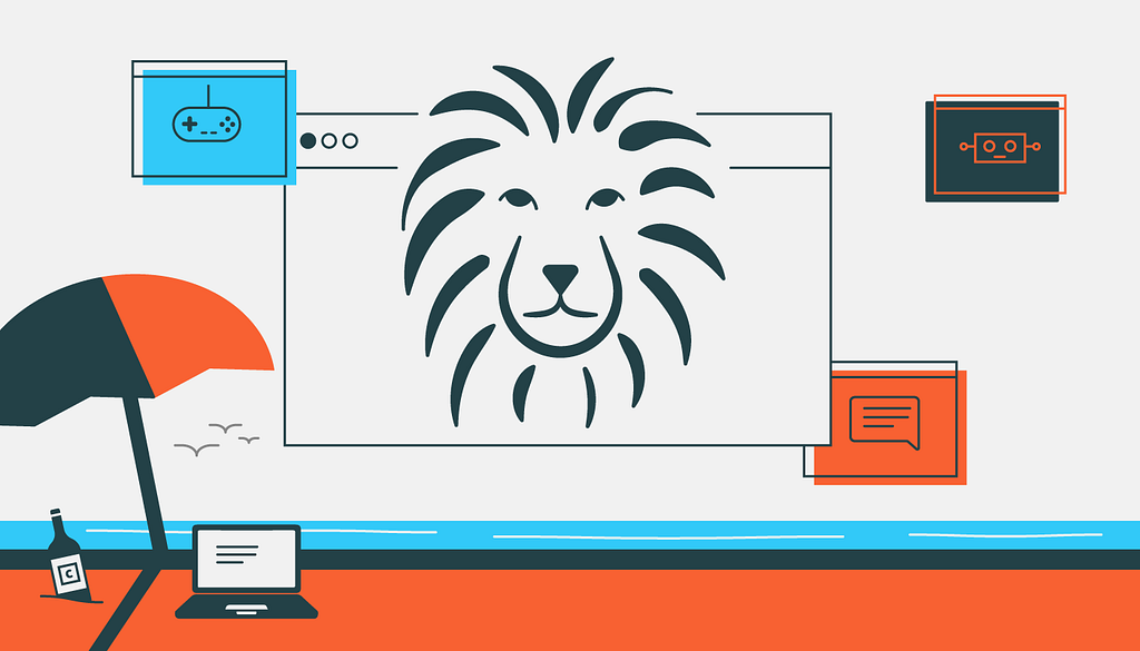 A lovely beach scene with a Cannes Lion surrounded by tech graphics