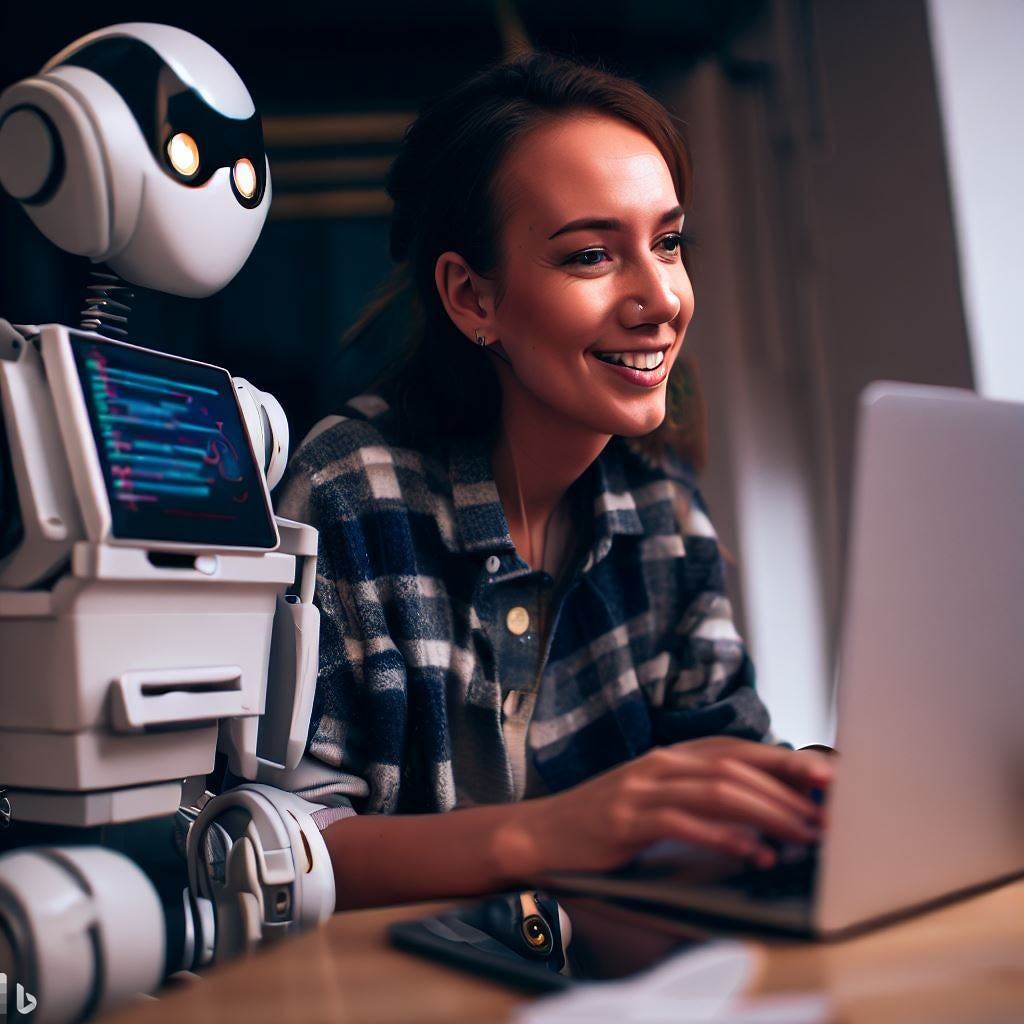 A women at a computer with a robot next to her