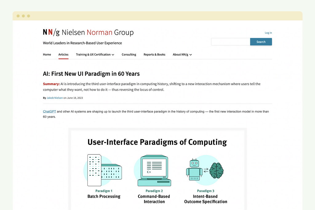 This is a screenshot of an article from the Nielsen Norman Group website, titled “AI: First New UI Paradigm in 60 Years” by Jakob Nielsen, published on June 18, 2023. The article discusses how AI is introducing a new user-interface paradigm in computing history, shifting to an interaction mechanism where users tell the computer what they want, not how to do it.