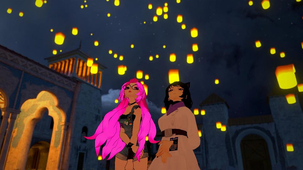 Two avatars stand in the middle of an outdoor courtyard in VRChat. They are looking up at dozens of ethereal floating lanterns, at nighttime.
