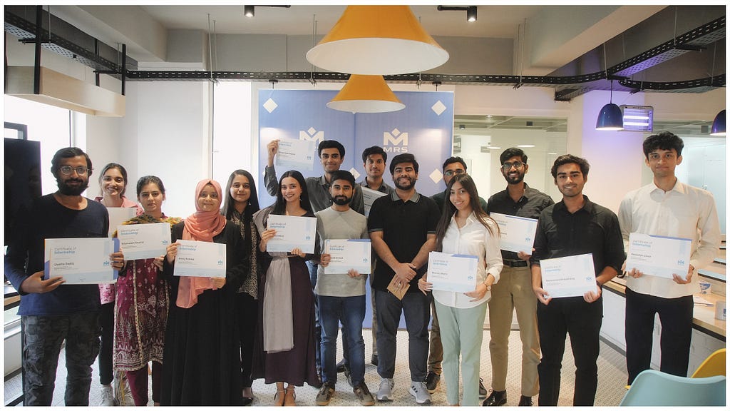 Group photo of Interns holding Completion Certificate with Umer Farooq, CTO MRS Technologies | MRS Summer Internship Program 2023.