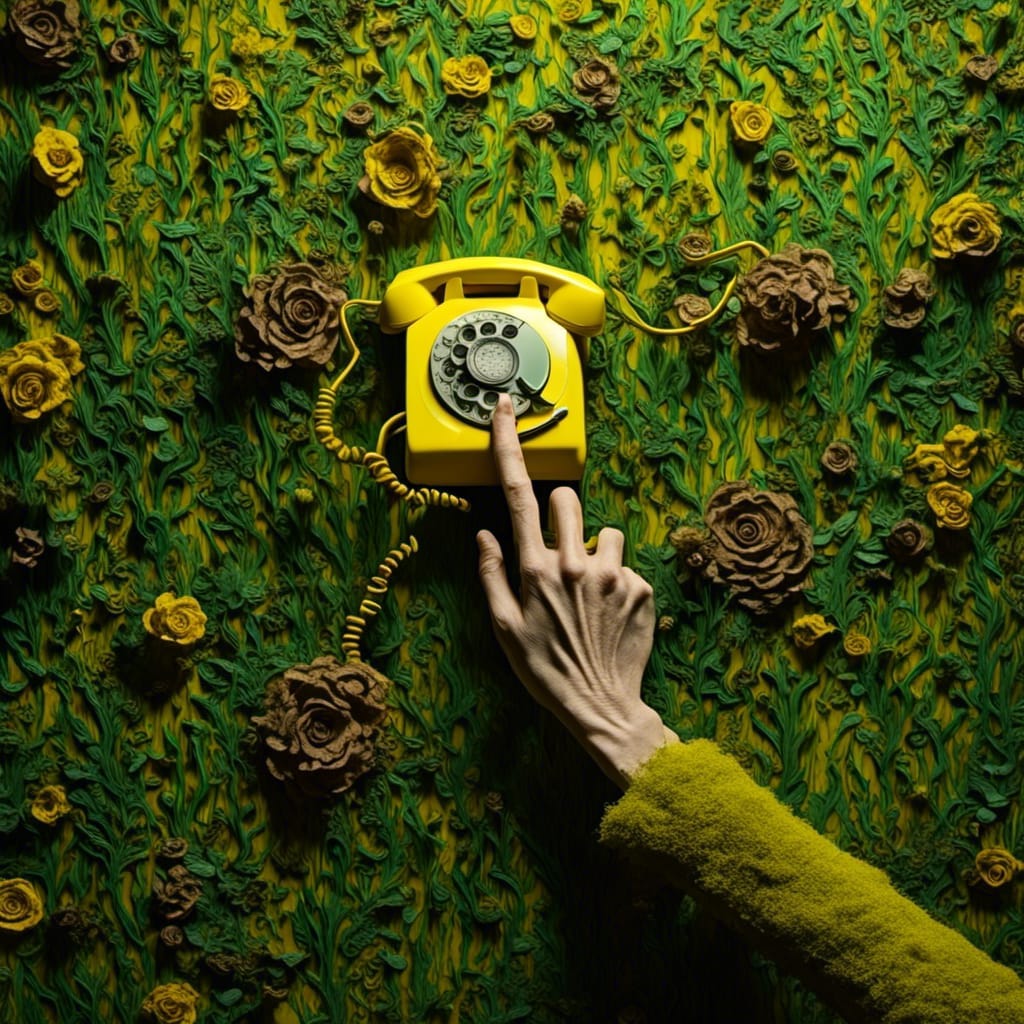 A withered hand reaching for a yellow phone on a green wall with a tangled cord