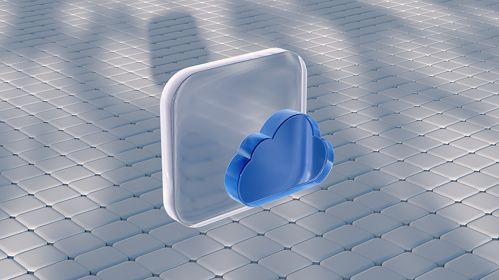 3d rendered blue glass cloud icon in a white sunny environment