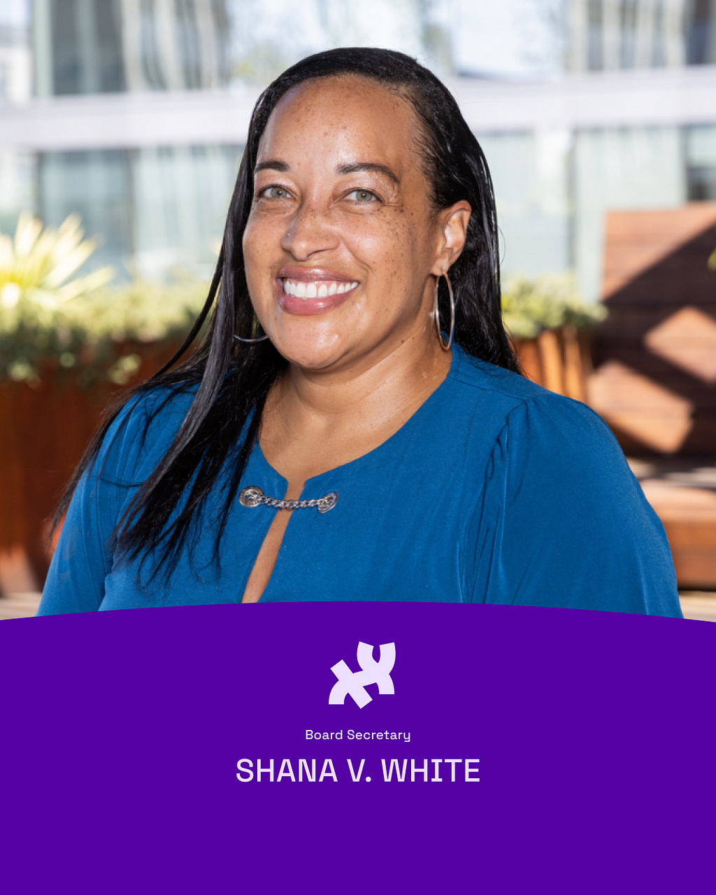A graphic with an image of our new board member, Shana V. White. Their profile photo sits on top of a dark purple graphic element at the bottom in the shape of a hill which reads, “Board Secretary Shana V. White” with the Processing logo in white on top of the text.