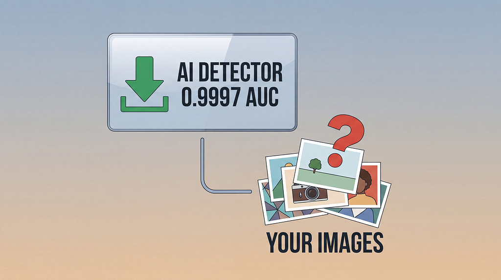 A downloadable “0.9997 AUC” off-the-shelf AI-generated image detector failing on a stack of real user photos