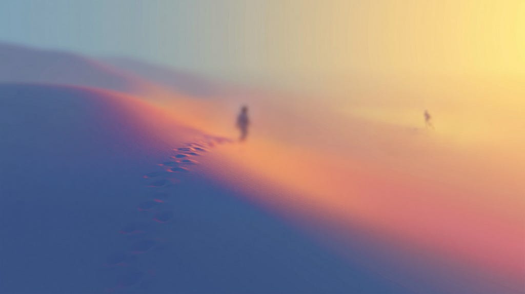 Two distant silhouettes walk through a misty desert landscape, with footprints in the sand and diffuse light in shades of blue, pink, and amber.