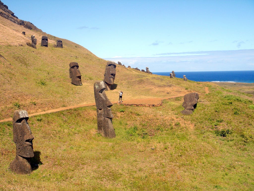 moai scattered along Volcan Rano Raraku hillside