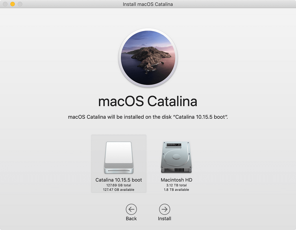 macOS installation: select your new USB bootable disk for the macOS installation.