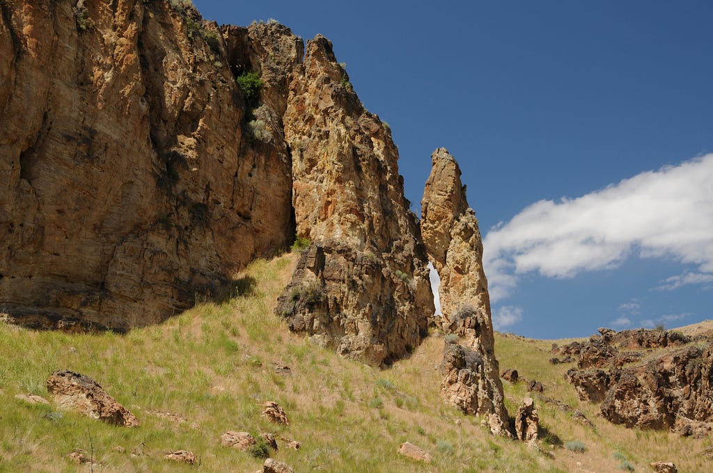 A pillar of rock stands beside the road on the northern route from Wild Horse Reservoir to Jarbidge Canyon in northeastern Nevada.