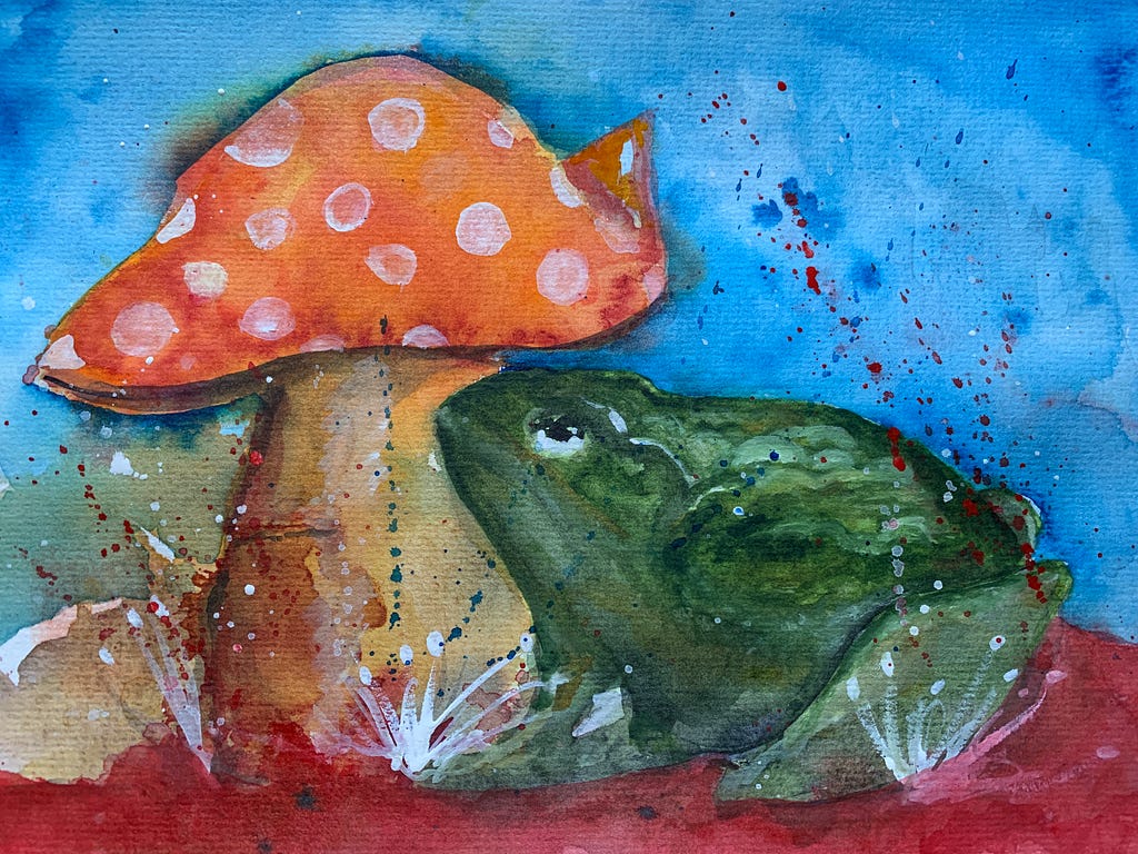 A watercolor illustration of a toad and toadstool