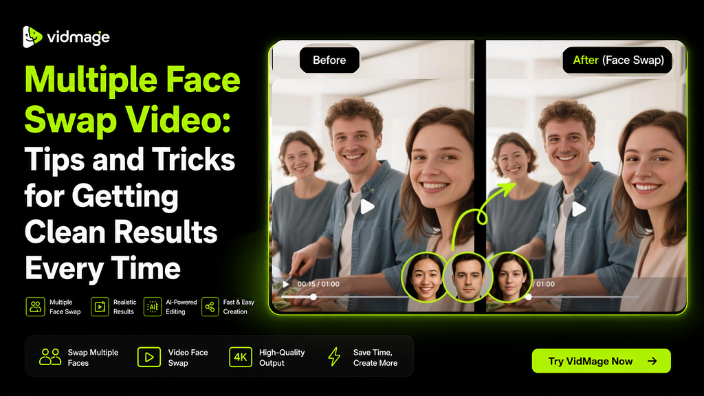 Professional VidMage article cover showing a side by side before and after multiple face swap video comparison, demonstrating realistic face swaps while preserving original hairstyles, with the headline “Multiple Face Swap Video: Tips and Tricks for Getting Clean Results Every Time” on a black and neon green background.