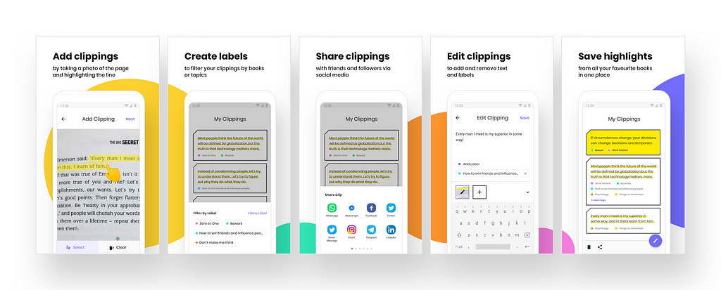 Colourful screenshots of the Clippit mobile app