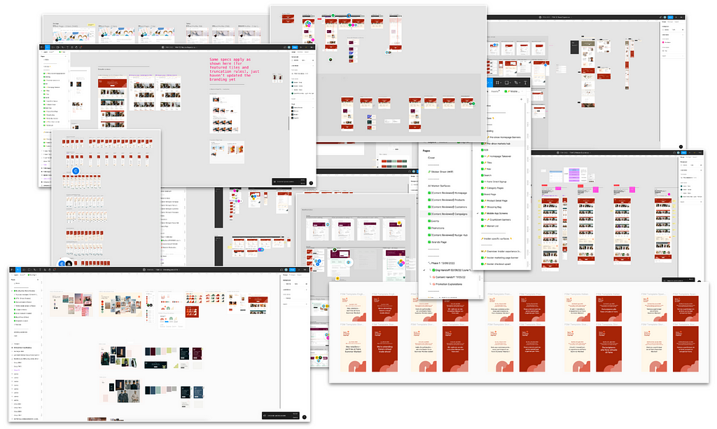A collage of a dozen different Faire Markets Figma design file windows showing how overwhelming it can be to navigate multiple different files.